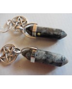 Boucles d'Oreilles Amulette Protection Pentacle Larvikite, Talisman, Sorcellerie, Magie