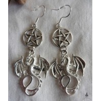 Silver Wiccan Dragon & Pentacle Earrings, Drogon, Gothic, Game of Thrones, Elven, Fantasy, Medieval, Magic, Witch