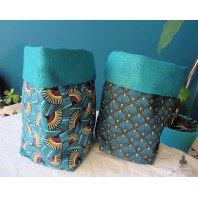 Set of 2 Baskets Teal Blue Reversible Textile basket Storage Bag Wax fabric Art Deco Blue Mustard Palm Palmette
