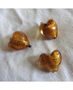 Set of 3 Vintage Hearts beads in Lampwork Amber gold glass 20mm, Murano style