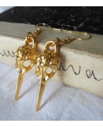 Golden Raven Skull Earrings, Bird Skull, Crowcore, Gothic, Goblincore, Pagan, Tribal, Nevermore, Witch, Viking