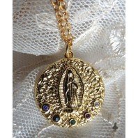 Guadalupe Religious Medal Necklace The Golden Virgin & zirconia, Boho, Gipsy, Mary, Catholic Gift, Saint, Christian