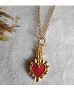 Sacred Heart Ex-voto Rosary Choker Gold Necklace, Cottagecore, Mourning, Gothic choker, flamed heart, religious
