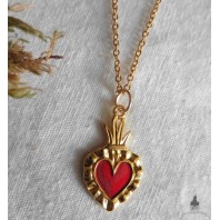 RED Sacred Heart enamelled Ex-voto Gold Necklace, flamed heart, Milagro, Bobo, Gothic, Gipsy, Religious, Mourning 