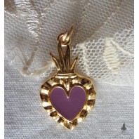 PLUM Purple Sacred Heart enamelled Ex-voto Gold Necklace, flamed heart, Milagro, Gothic, Gipsy, Religious, Mourning, Victorian