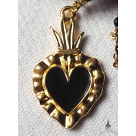 BLACK Sacred Heart enamelled Ex-voto Gold Necklace, flamed heart, Milagro, Bobo, Gothic, Gipsy, Religious, Mourning, Victorian