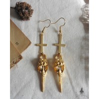 Gold Antichrist Earrings, Raven Skull Inverted Cross, Crow, Raven, Gothic, Occult, Satanic, Nevermore, Witch