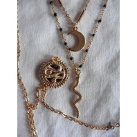 Theda Bara Snake Medal Moon Triple Gold Necklace, Boho, Gypsy, Viking, Reptile, Tarot, Belly, Gothic Choker, Egypt