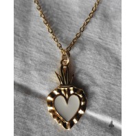 WHITE Sacred Heart enamelled Ex-voto Gold Necklace, flamed heart, Milagro, Bobo, Gothic, Gipsy, Religious, Mourning, Victorian