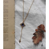 Blue Tudor Queen's Rosary, Tudor Necklace, Gothic Rosary, Lariat Y, Gold Cross, Renaissance, Catholic Gift, Dark Academia