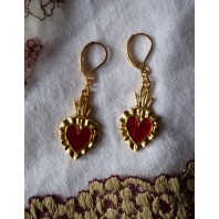 Ex-voto RED Flamed Sacred Heart gold-plated earrings, Milagro