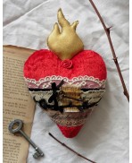 Scarlet Sacred Heart Ex-voto ornament, Flamed heart, Red and black, Milagro, Wall decor, textile art, Dark Academia