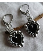 Ex-voto BLACK Flamed Sacred Heart earrings silver steel, Milagro