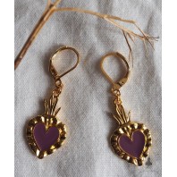 Ex-voto PLUM Purple Flamed Sacred Heart gold-plated earrings, Milagro