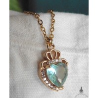 Royal Crowned Sky Blue Aqua Heart Necklace Gold Plated, Coquette, Renaissance, Cottagecore, Blue Wedding, Tudor Queen