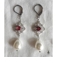 Boucles d'oreilles Tudor Reine rouge Perle argent, Losange, Renaissance, médiéval, Cottagecore, Gothique, Royal