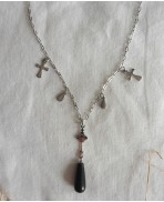 Clarimonde Collier à breloques croix et gouttes argent, Vampire, Dark mori, Dark Academia, Gothique, Catholique, Larme noire