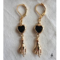 Boucles d'oreilles Victoriennes Coeur Noir Main et Perle goutte, Main de tarot or 18K, Ex-voto, Hamsa, Dark Academia