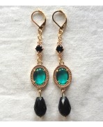 Shelley Boucles d'oreilles Victoriennes Médaillon vert & goutte noire, Cottagecore, Dark Academia, Gothique, Renaissance