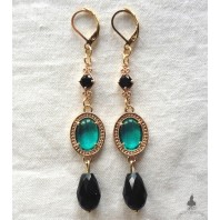 Shelley Boucles d'oreilles Victoriennes Médaillon vert & goutte noire, Cottagecore, Dark Academia, Gothique, Renaissance