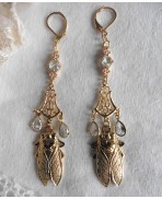 Boucles d'oreilles Art Déco Chandelier Cicada dorée, Cigale, Victoriennes, Gipsy, Scarabée, Dark Academia