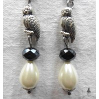 Tyto Alba, Boucles d'oreilles pendantes Chouette effraie argent et Perle goutte, hibou, Dark Academia