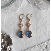Boucles d'oreilles édouardiennes ovales Bleu or, Dormeuses bleues, Régence, Renaissance, victorien, Renfaire