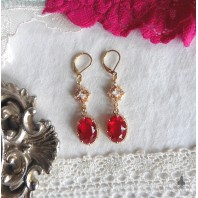 Boucles d'oreilles édouardiennes ovales Rouge or, Dormeuses rouges, Régence, Renaissance, victorien, Renfaire