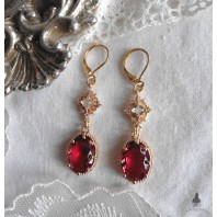 Boucles d'oreilles édouardiennes ovales Rouge Bordeaux or, Dormeuses rouges, Régence, Renaissance, victorien, Renfaire