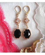 Boucles d'oreilles &eacute;douardiennes ovales Noir or, Dormeuses noires, R&eacute;gence, Renaissance, victorien, Renfaire