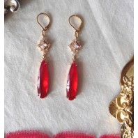 Boucles d'oreilles pendantes Art D&eacute;co Losanges Larmes rouge or, Gouttes, Reine, Renaissance, Cottagecore, Victorien
