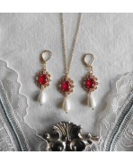 Gold Red Necklace and Earrings Set, Regency, Renaissance, Victorian, Renfaire