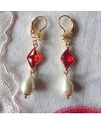 Colombine Boucles d'oreilles Losange Cristal rouge et Perle goutte or, Carnaval, Renaissance