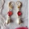 Colombine Boucles d'oreilles Losange Cristal rouge et Perle goutte or, Carnaval, Renaissance