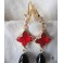 Arlequin Boucles d'oreilles Trèfle Cristal rouge et Perle goutte noir or, Baroque, Carnaval, Renaissance